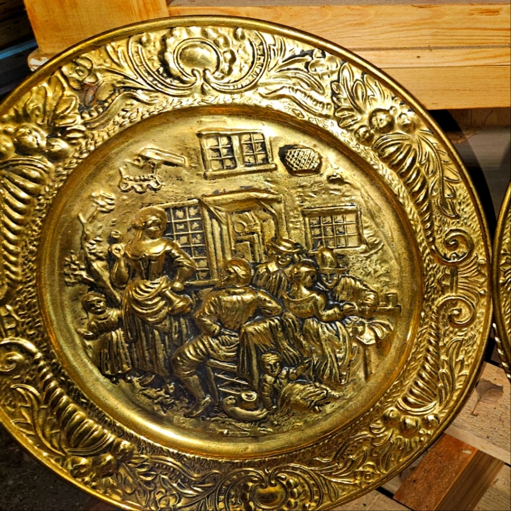 Old world tavern scene embossed decorative charger plate